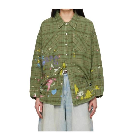 NEW R13 drop neck workshirt in plaid with paint splatter and scribbles - Picture 1 of 6